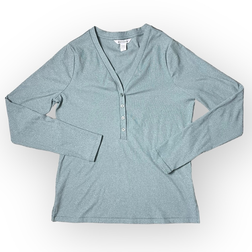 Athleta Top Womens Size L Green Henley Uptempo Long Sleeve Ribbed T Shirt